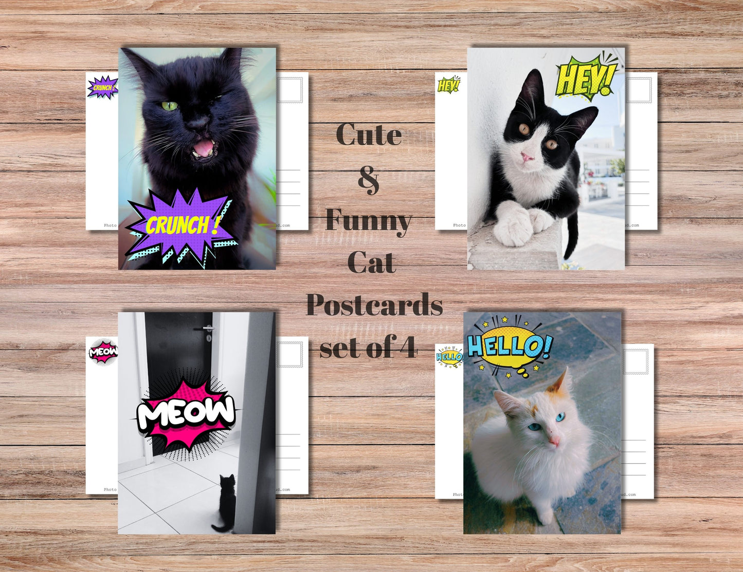 Hey, Hello, Meow, Crunch! Postcard set of 4 - Cute Cat Postcards