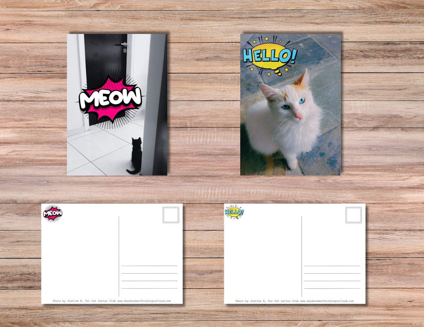 Hey, Hello, Meow, Crunch! Postcard set of 4 - Cute Cat Postcards