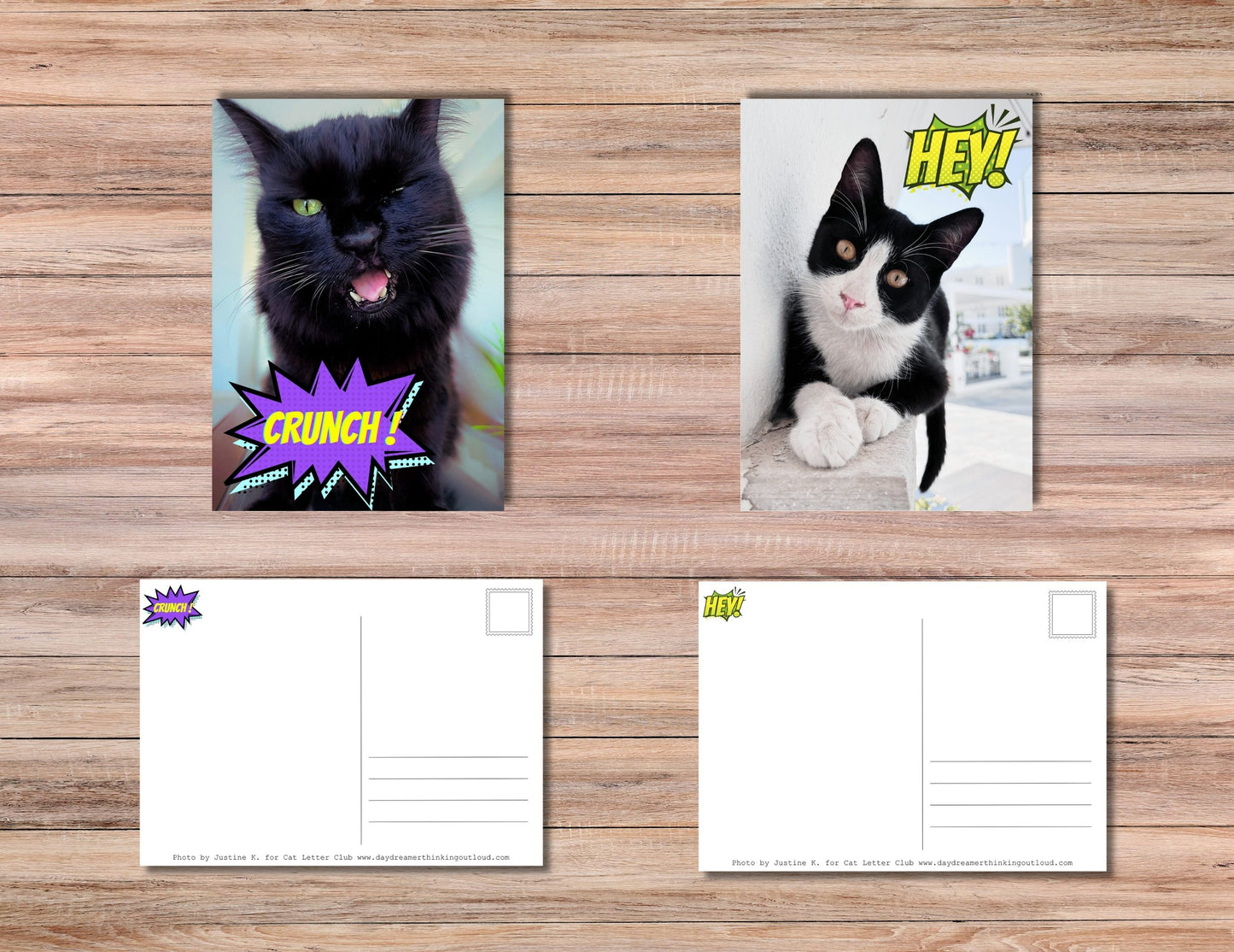 Hey, Hello, Meow, Crunch! Postcard set of 4 - Cute Cat Postcards
